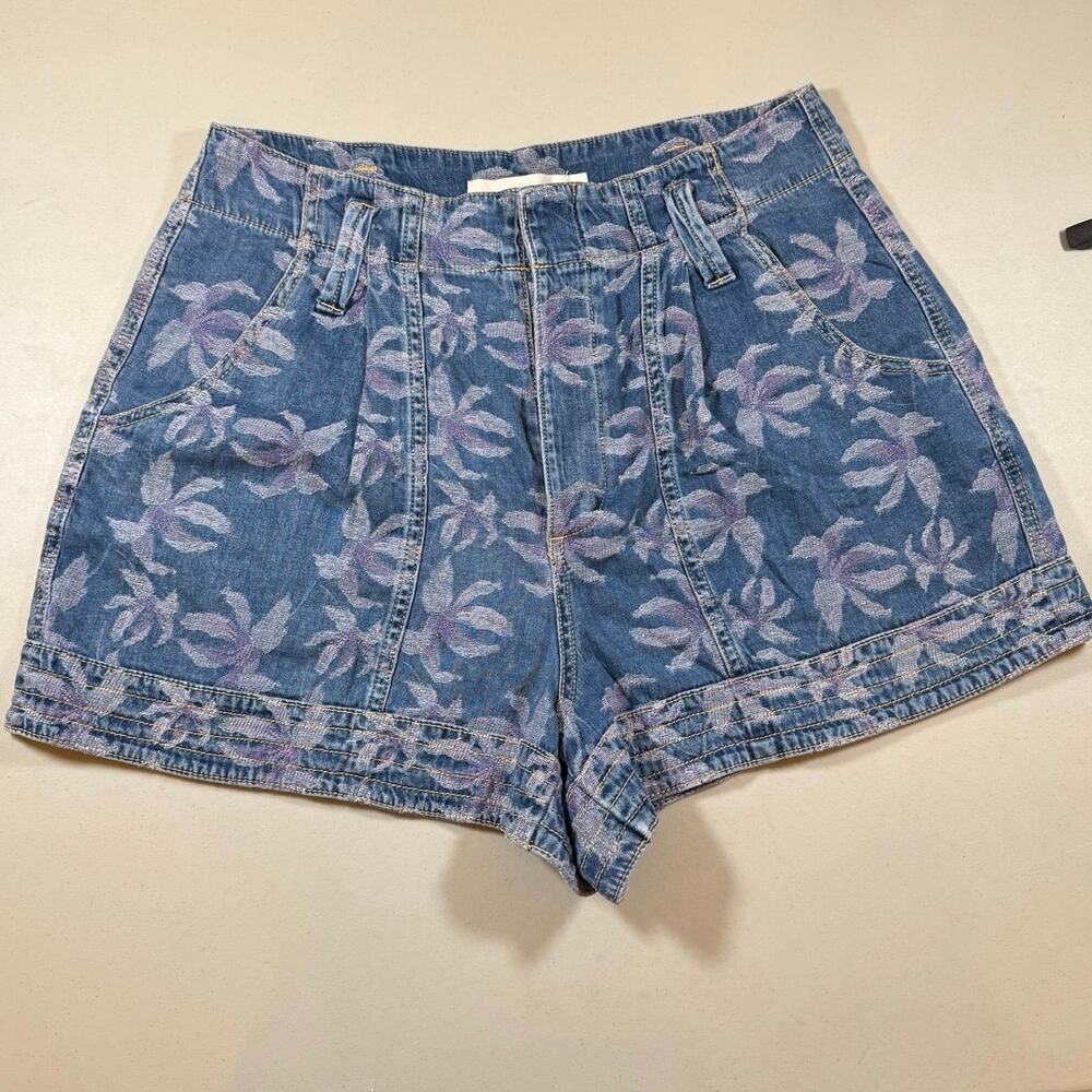 Happy x Nature Women 14 High Rise Floral Denim Shorts Blue Purple Jacquard